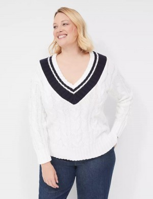 Lane Bryant V-Neck Cable Pullover Women Sweaters White | MRE8095MP