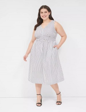 Lane Bryant V-Neck Elastic-Waist Women Midi Dress White Black Stripes | STV873FW