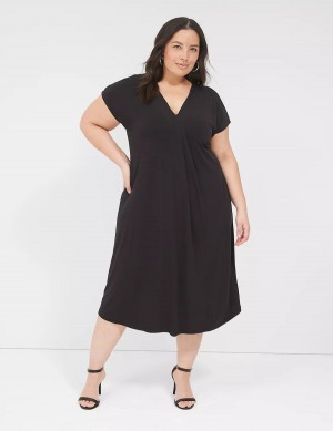 Lane Bryant V-Neck Pleat-Front Jersey Women Casual Dress Black | GPY1848WU