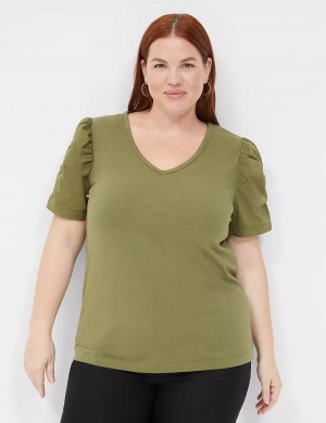 Lane Bryant Woven Puff-Sleeve V-Neck Knit Tee Women T Shirts Green | CXA1248TN