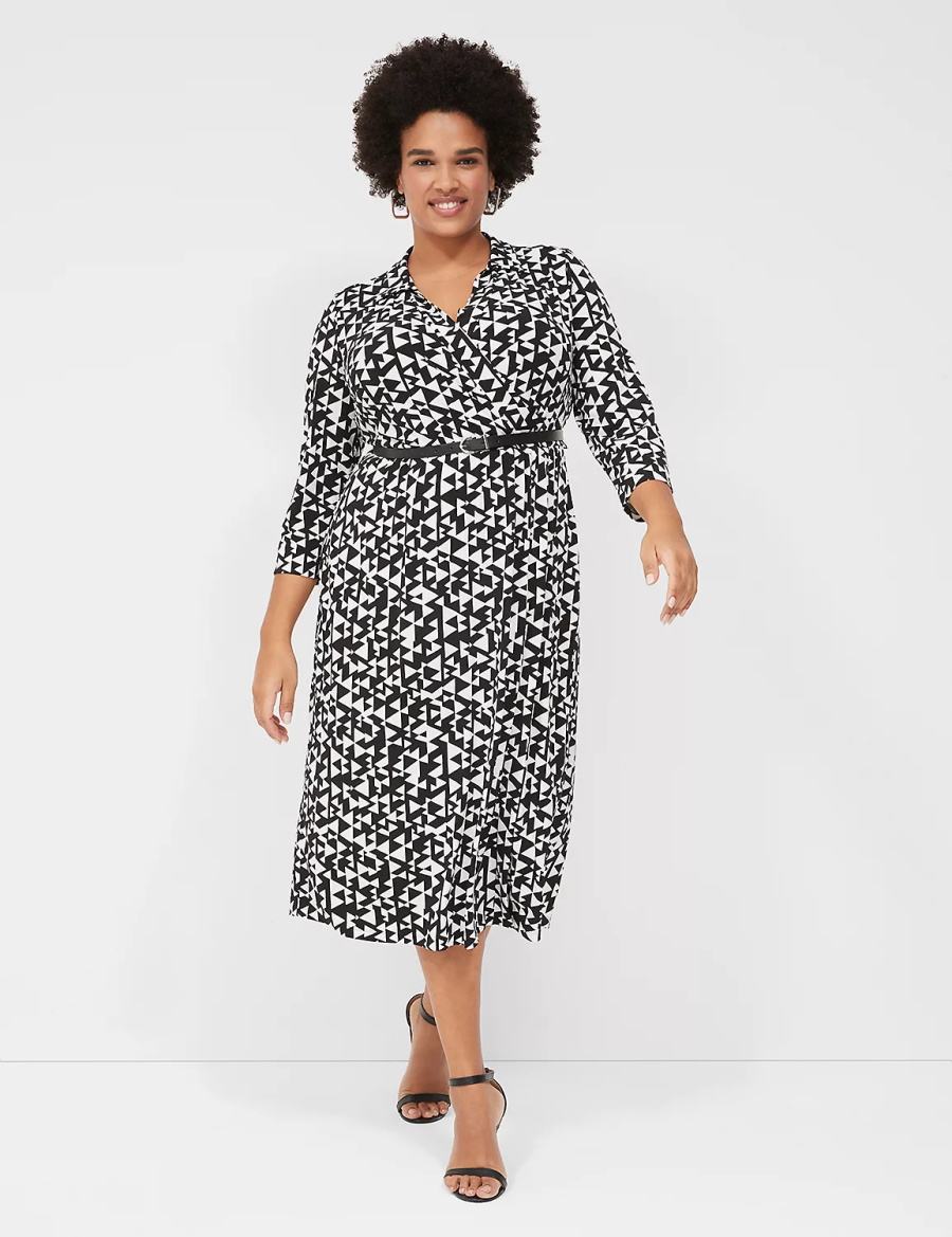 Lane Bryant 3/4-Sleeve Collar Faux-Wrap Jersey Women Midi Dress Black | XGP6051BV