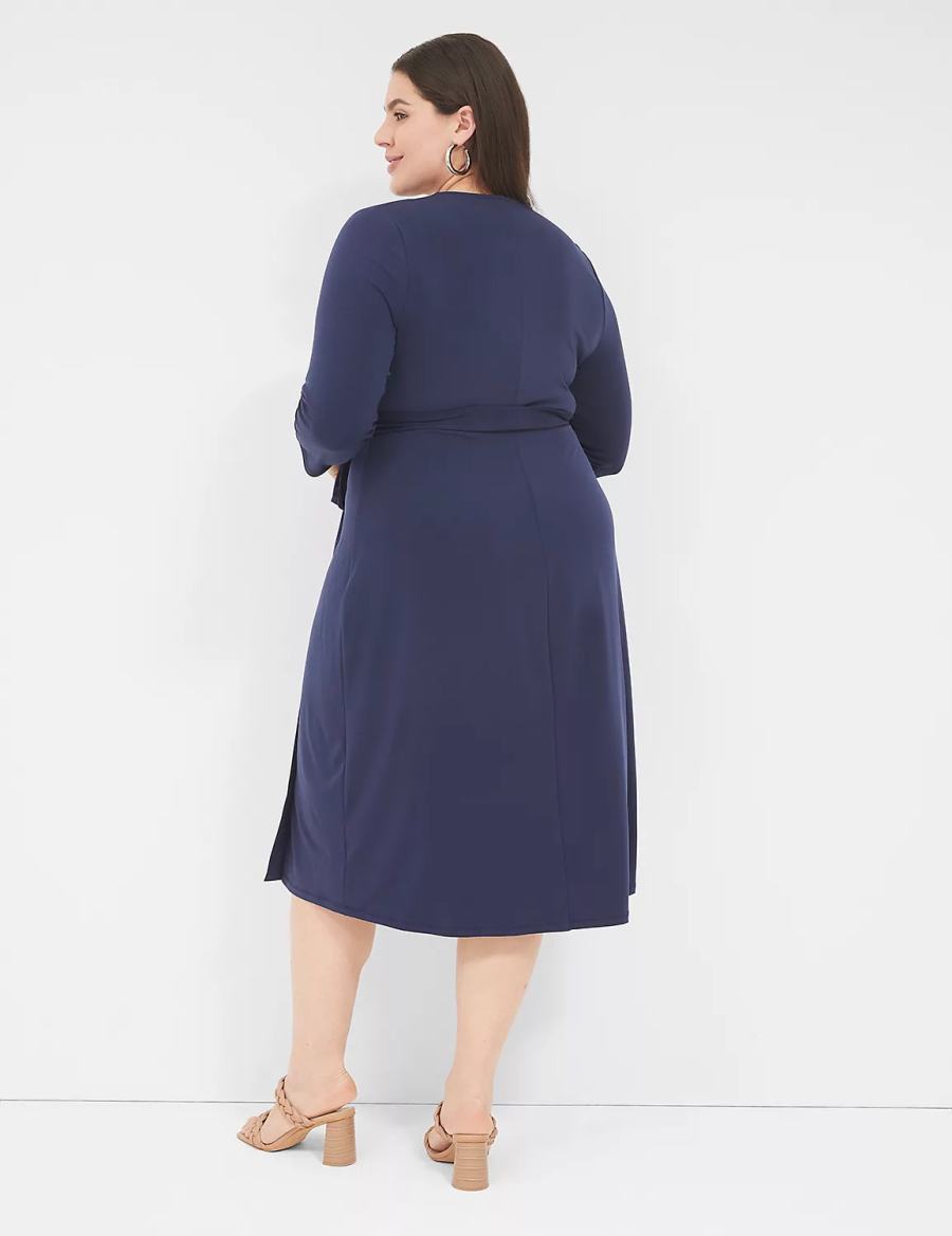 Lane Bryant 3/4-Sleeve Faux-Wrap Jersey Women Midi Dress Blue | HNY2973WD