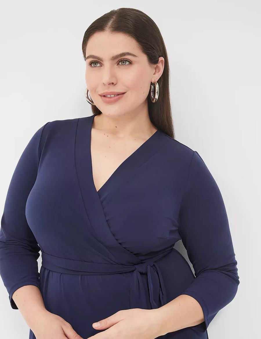 Lane Bryant 3/4-Sleeve Faux-Wrap Jersey Women Midi Dress Blue | HNY2973WD