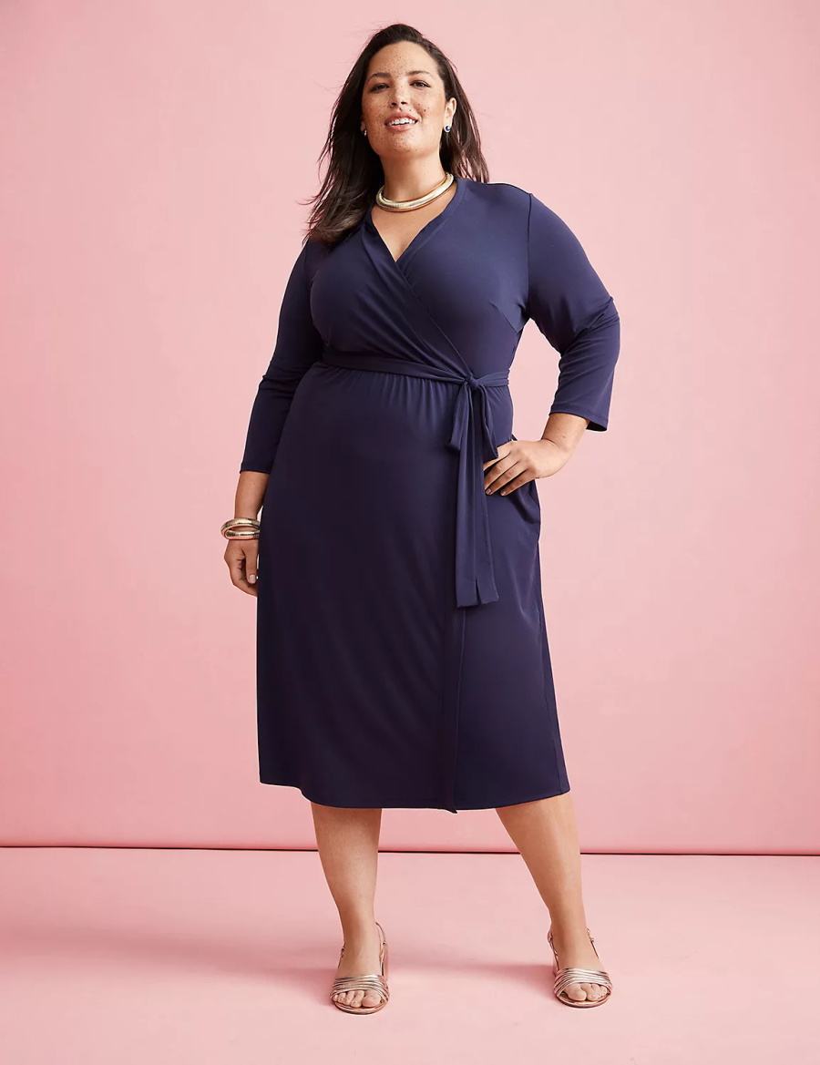 Lane Bryant 3/4-Sleeve Faux-Wrap Jersey Women Midi Dress Blue | HNY2973WD