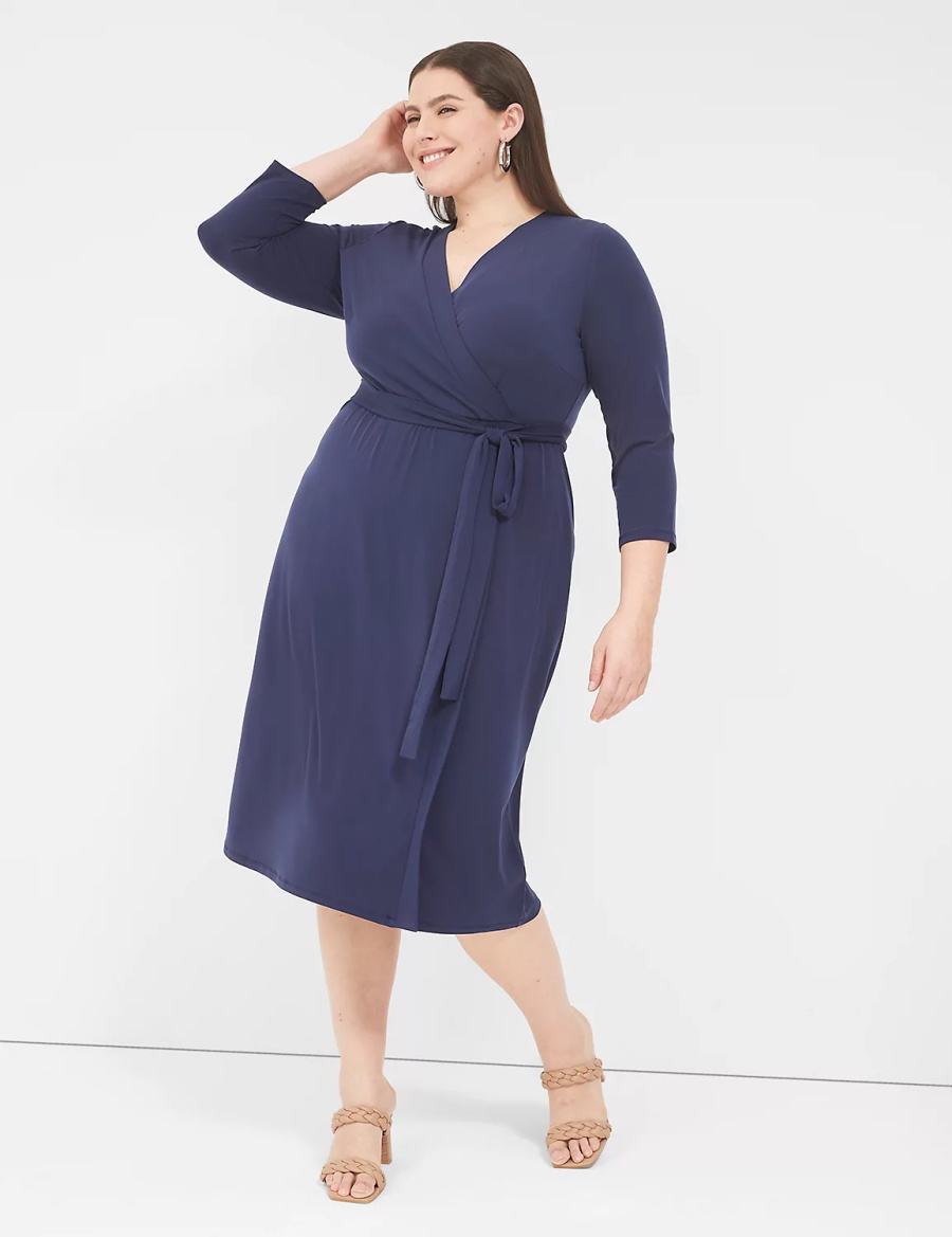 Lane Bryant 3/4-Sleeve Faux-Wrap Jersey Women Midi Dress Blue | HNY2973WD