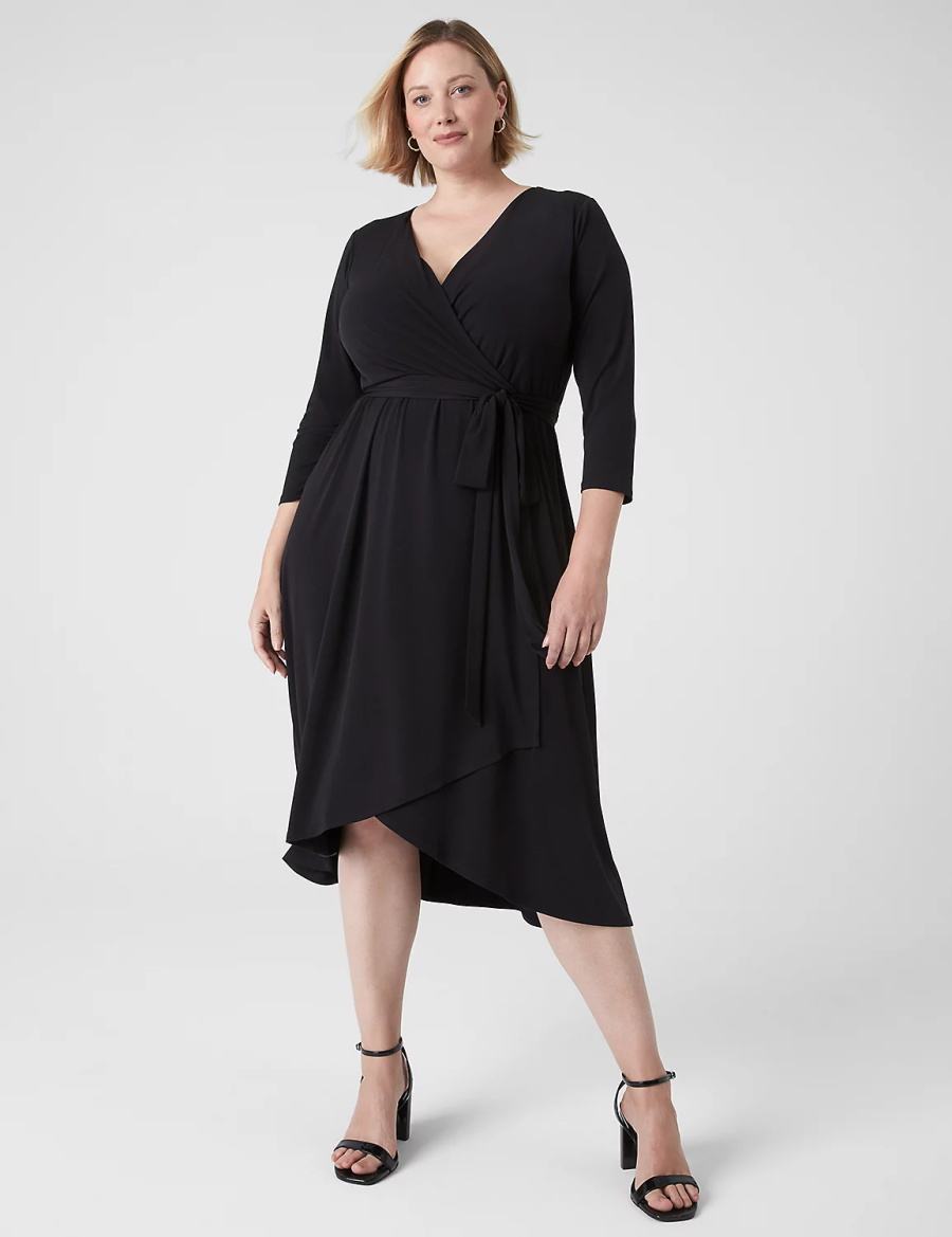 Lane Bryant 3/4-Sleeve High-Low Jersey Women Midi Dress Black | KGD7837JM