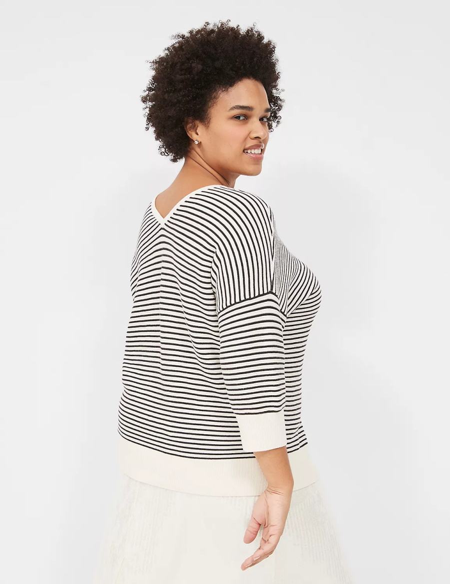 Lane Bryant 3/4-Sleeve V-Neck Striped Women Sweaters White Black | HDD6794GJ