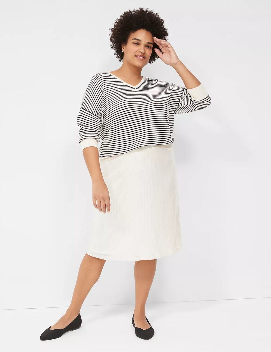 Lane Bryant 3/4-Sleeve V-Neck Striped Women Sweaters White Black | HDD6794GJ