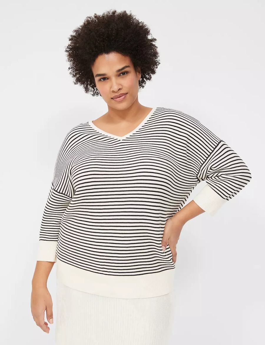 Lane Bryant 3/4-Sleeve V-Neck Striped Women Sweaters White Black | HDD6794GJ