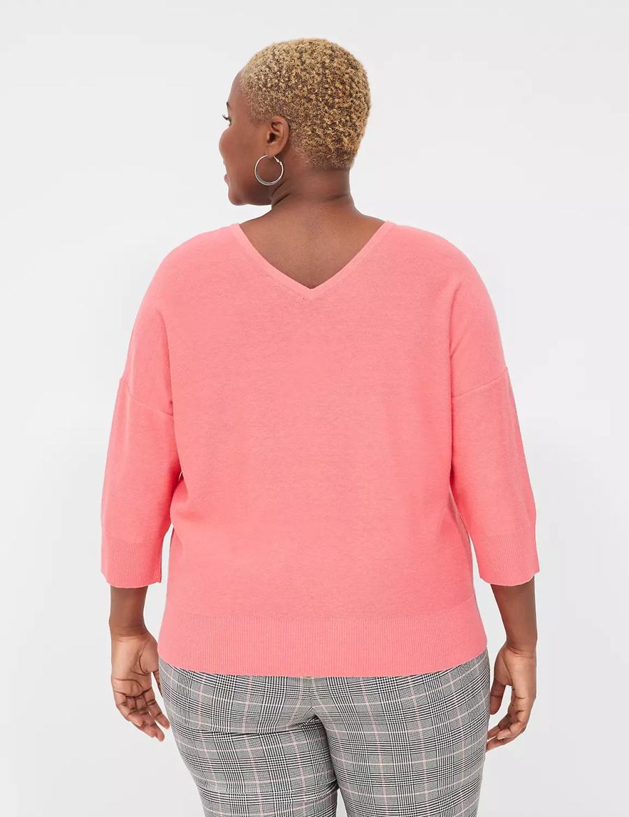 Lane Bryant 3/4-Sleeve V-Neck Women Sweaters Coral | XRR3442XJ