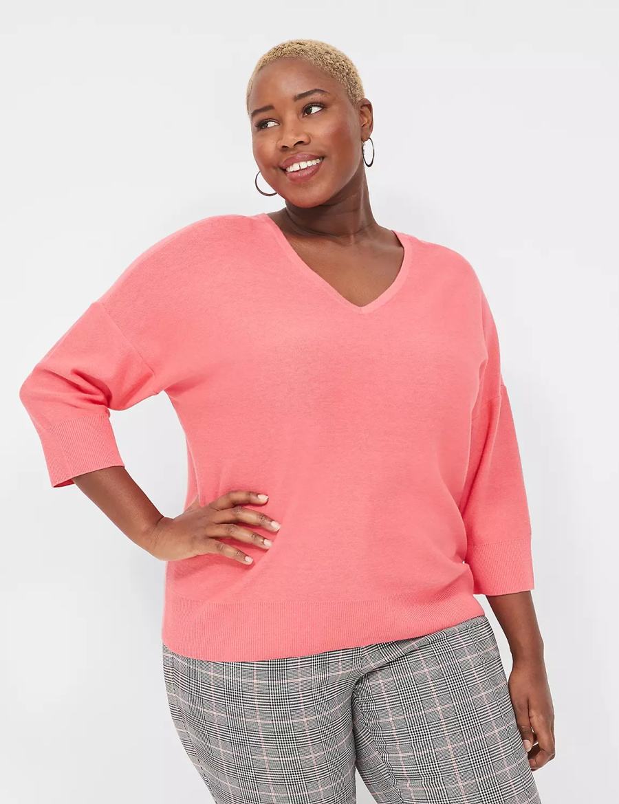 Lane Bryant 3/4-Sleeve V-Neck Women Sweaters Coral | XRR3442XJ