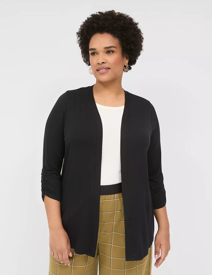 Lane Bryant 3/4 Ruched-Sleeve Open-Front Overpiece Women Robe Black | ZOX5561BV