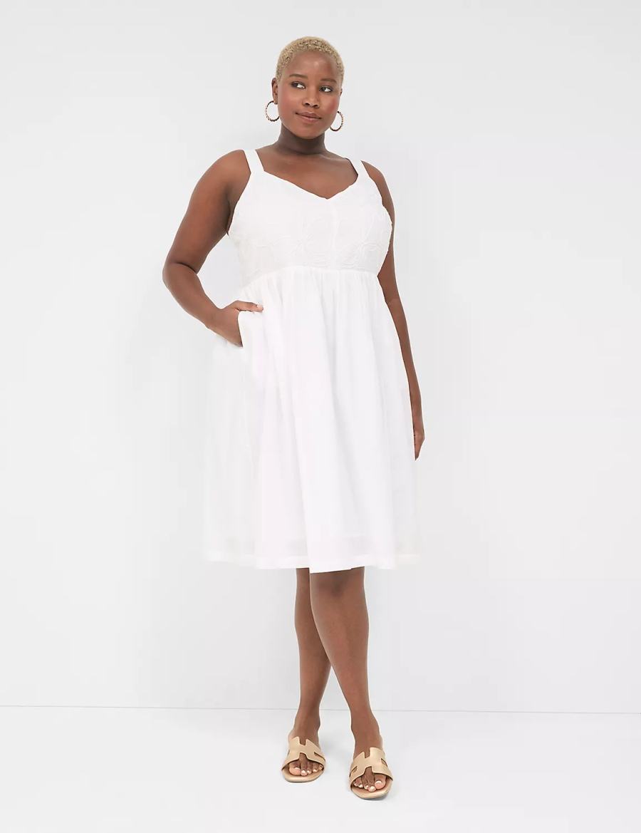 Lane Bryant Applique-Bodice Smocked-Back Women Midi Dress White | CXU4383ZP