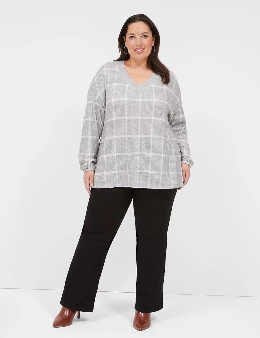 Lane Bryant Blouson-Sleeve V-Neck Waffle Tunic Women T Shirts Grey | SXY8774OY