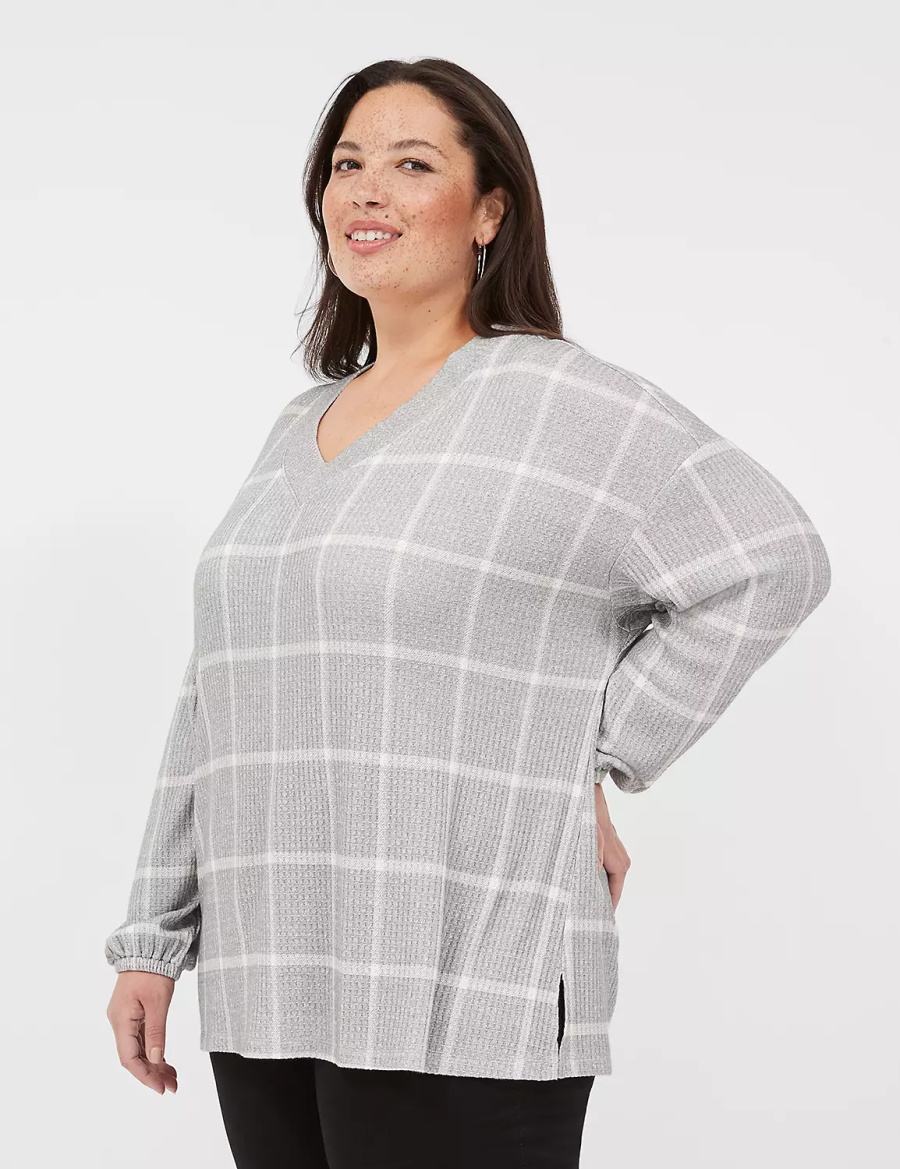 Lane Bryant Blouson-Sleeve V-Neck Waffle Tunic Women T Shirts Grey | SXY8774OY