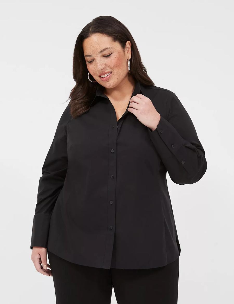 Lane Bryant Button-Front No-Peek Girlfriend Women Shirts Black | ZTB4286LJ