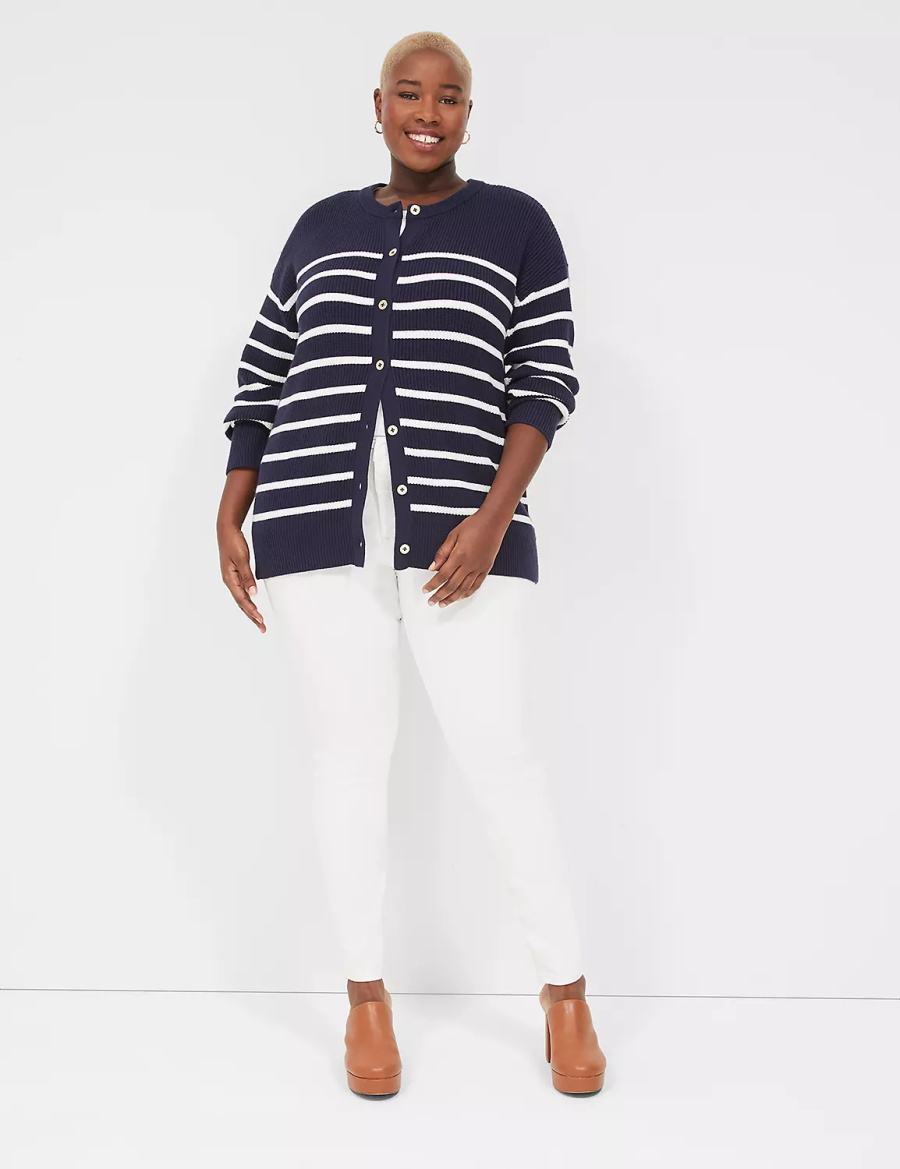 Lane Bryant Button-Front Stripe Women Cardigan Blue | NRY27VV