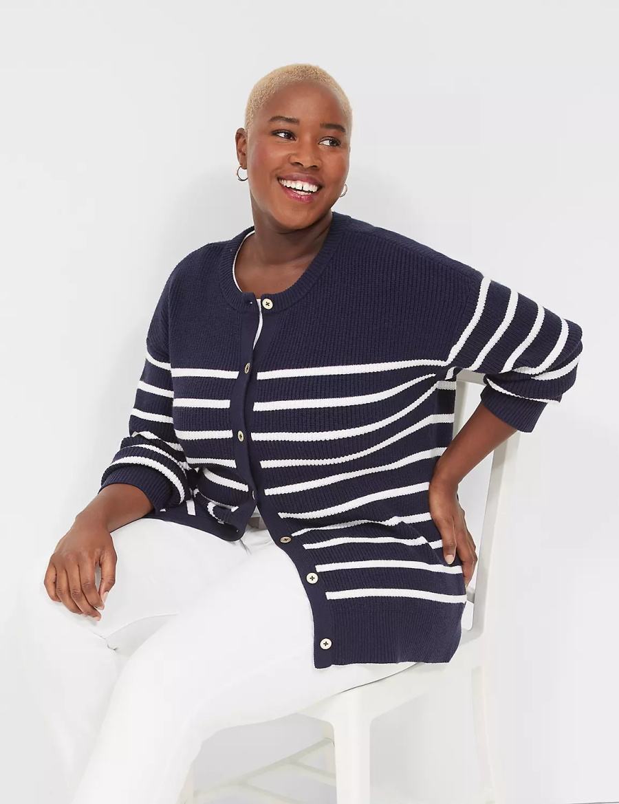 Lane Bryant Button-Front Stripe Women Cardigan Blue | NRY27VV