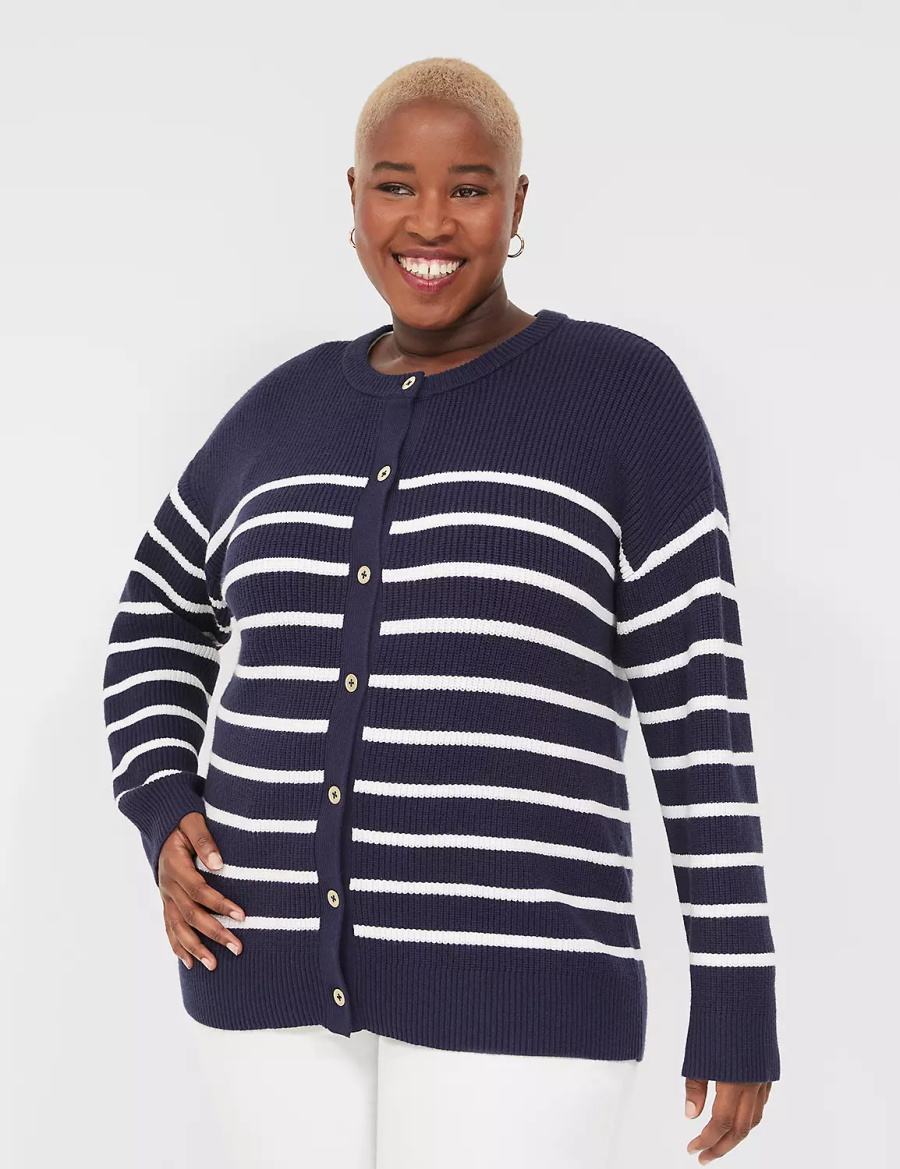 Lane Bryant Button-Front Stripe Women Cardigan Blue | NRY27VV