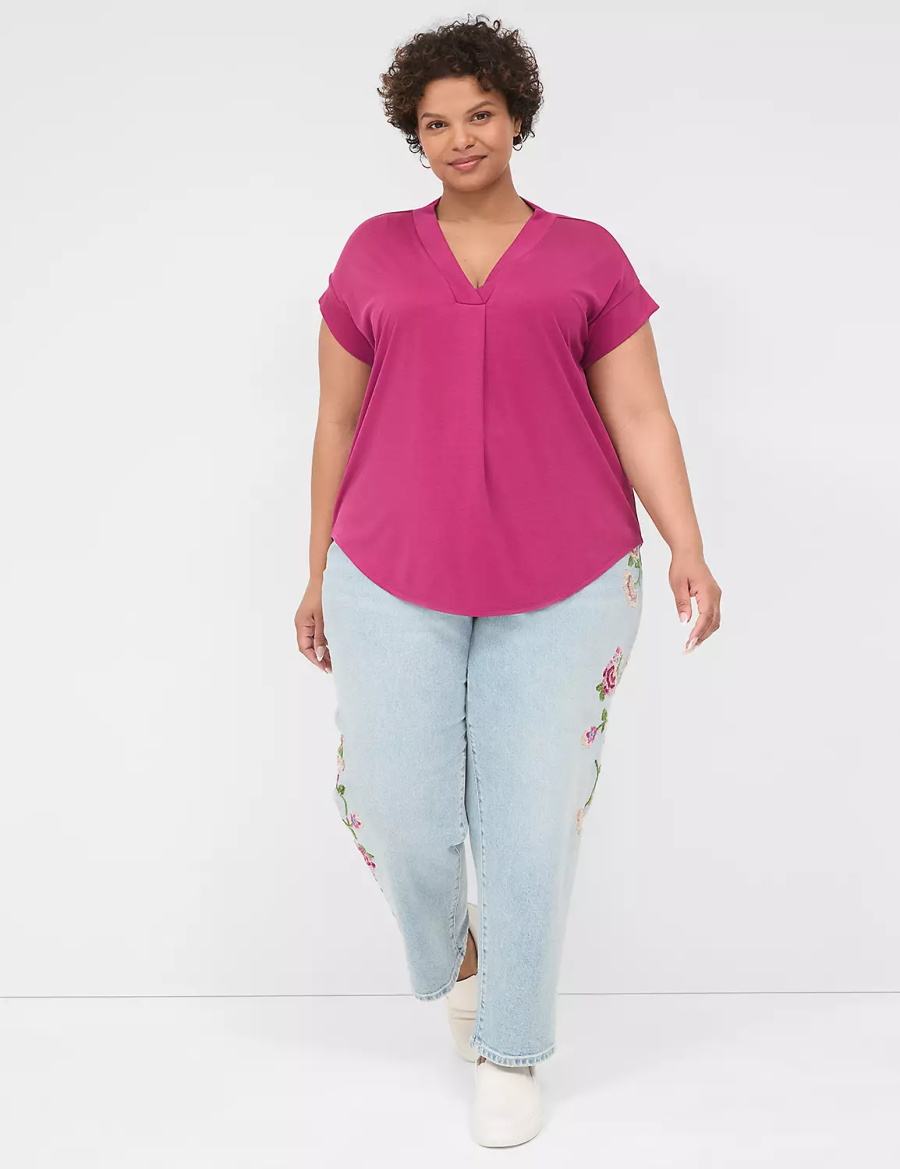 Lane Bryant Cap-Sleeve V-Neck Pleat-Front Top Women T Shirts Purple | UYF1041TK