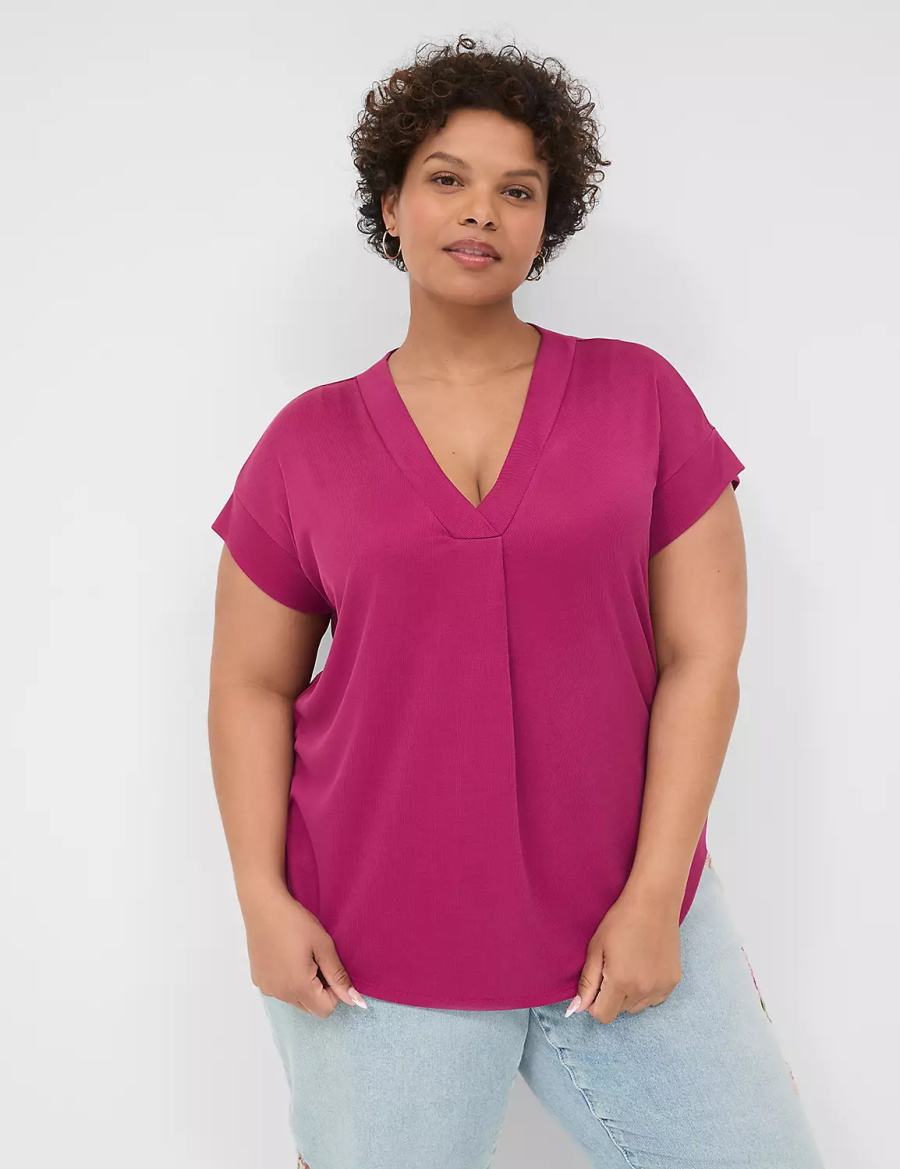 Lane Bryant Cap-Sleeve V-Neck Pleat-Front Top Women T Shirts Purple | UYF1041TK