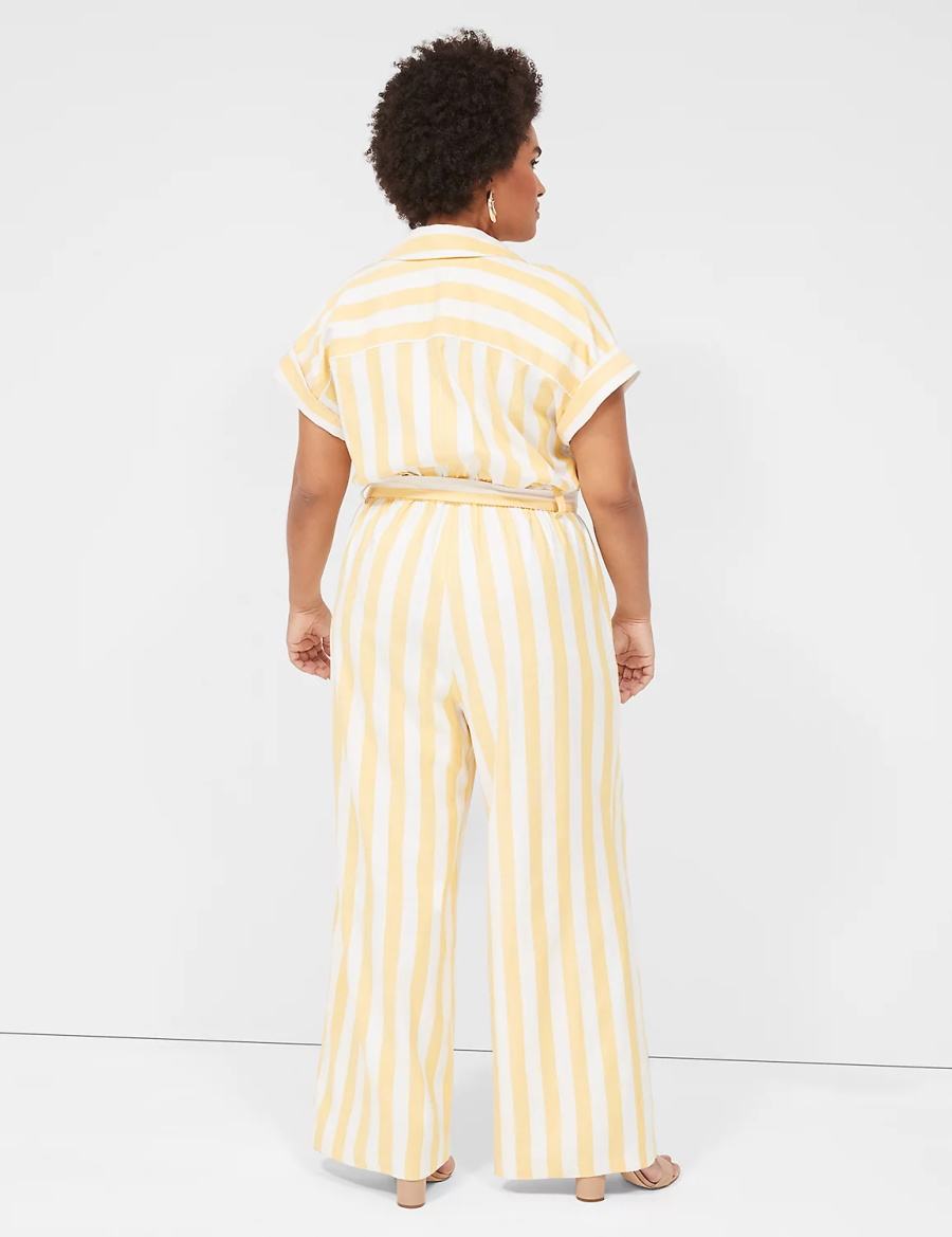 Lane Bryant Cap-Sleeve Y-Neck Utility Women Jumpsuit Yellow Stripes | IGQ5551QY