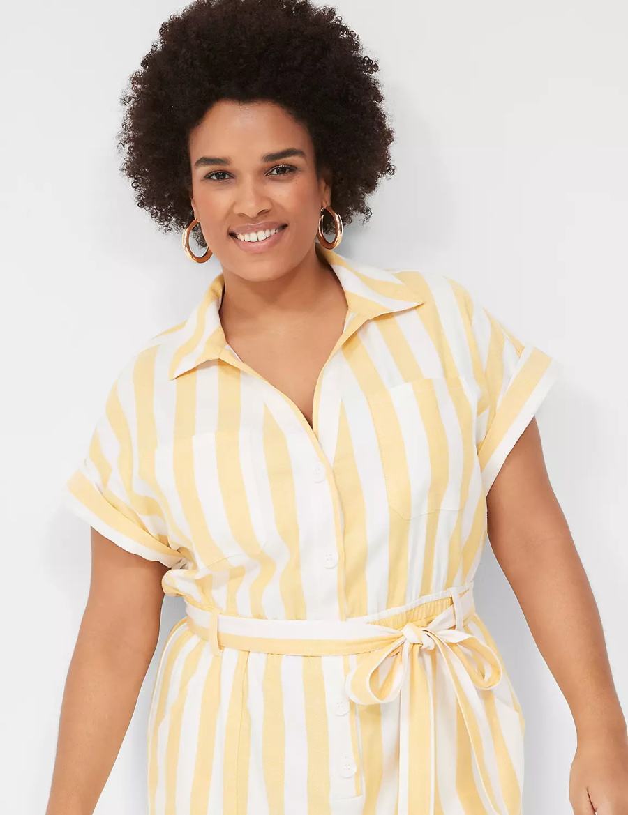 Lane Bryant Cap-Sleeve Y-Neck Utility Women Jumpsuit Yellow Stripes | IGQ5551QY