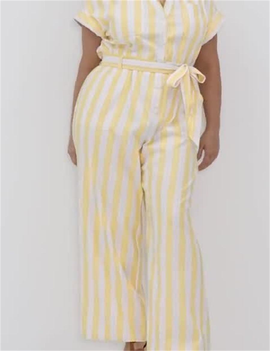 Lane Bryant Cap-Sleeve Y-Neck Utility Women Jumpsuit Yellow Stripes | IGQ5551QY