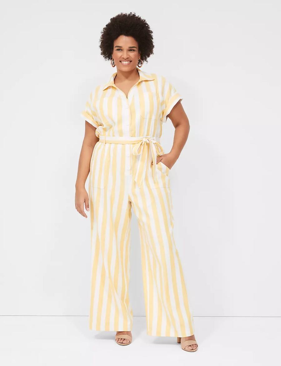 Lane Bryant Cap-Sleeve Y-Neck Utility Women Jumpsuit Yellow Stripes | IGQ5551QY