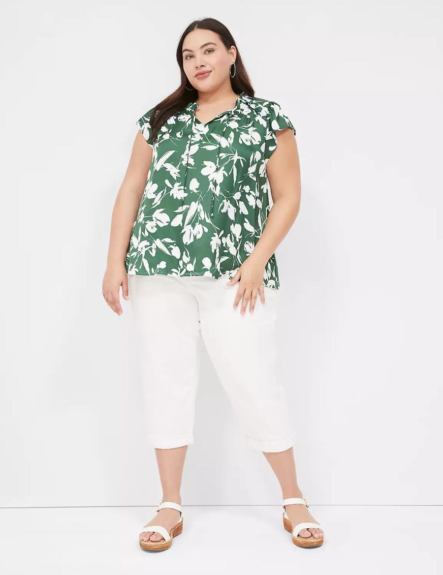 Lane Bryant Cap Flutter-Sleeve Satin & Knit Top Women T Shirts Green | LKP8827OE