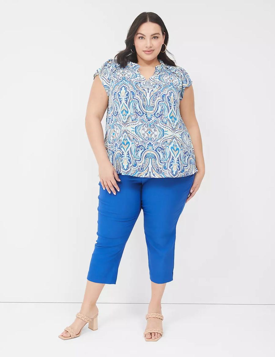 Lane Bryant Cap Flutter-Sleeve Satin & Knit Top Women T Shirts Blue | VLS840RJ