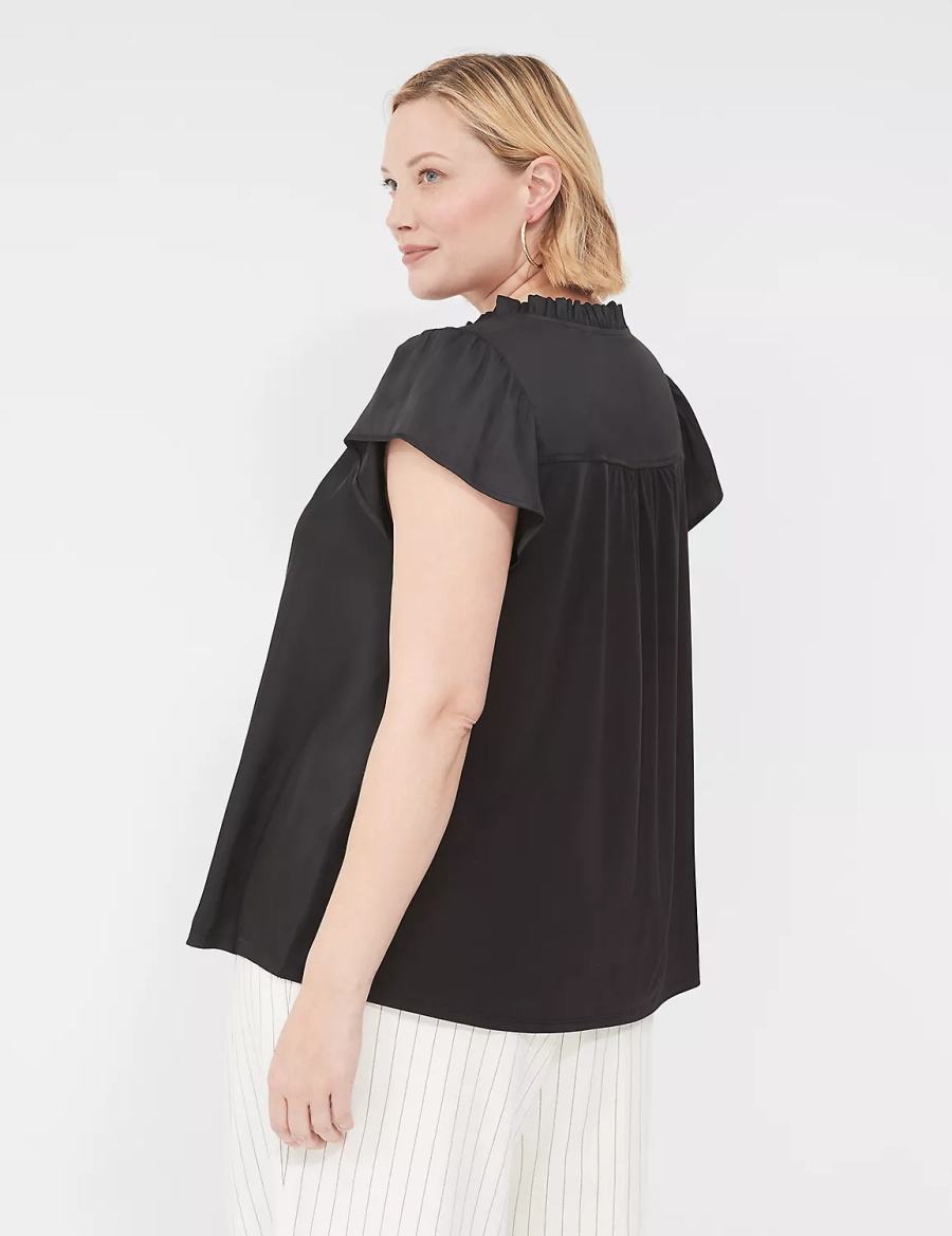 Lane Bryant Cap Flutter-Sleeve Satin & Knit Top Women T Shirts Black | CHV7390WL