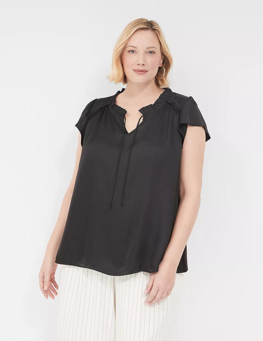 Lane Bryant Cap Flutter-Sleeve Satin & Knit Top Women T Shirts Black | CHV7390WL