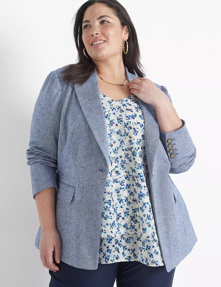 Lane Bryant Chambray Linen Long-Sleeve Women Blazers Blue Grey | OTP2671XU