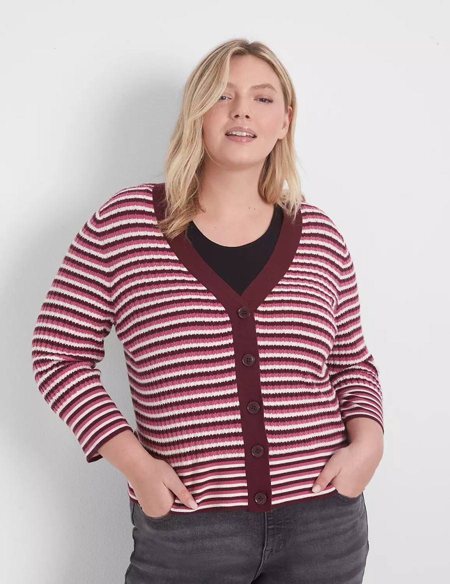 Lane Bryant Classic 3/4-Sleeve V-Neck Button-Front - Stripe Women Cardigan Red | GWW213YF