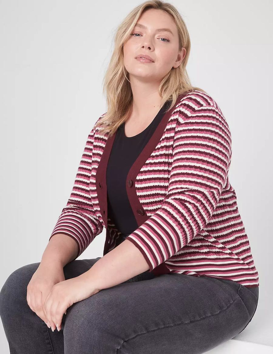 Lane Bryant Classic 3/4-Sleeve V-Neck Button-Front - Stripe Women Cardigan Red | GWW213YF