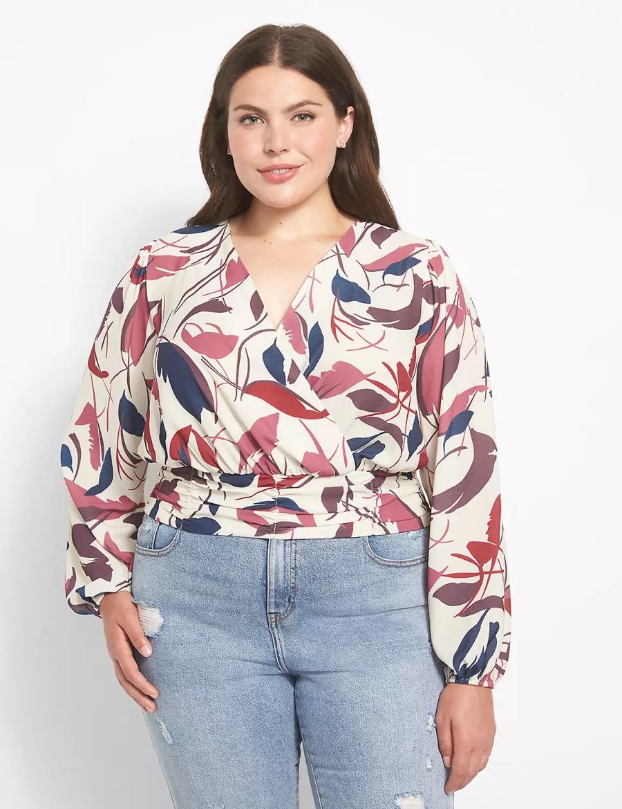 Lane Bryant Classic Long-Sleeve Surplice-Neck Shirred-Waist Crop Women Blouse White Multicolor | CBM181NW