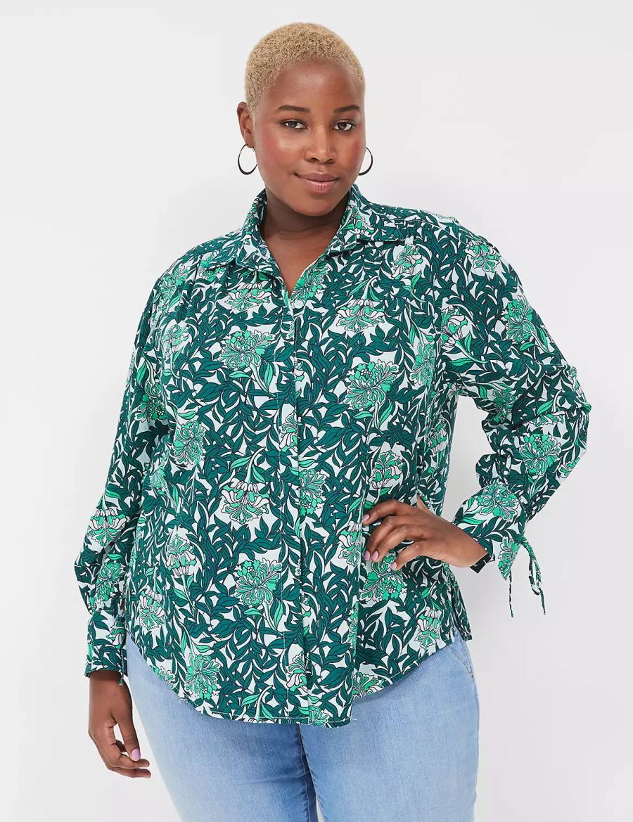 Lane Bryant Collared Button-Front Tie-Cuff Women Blouse Green Multicolor | VLB5027RG