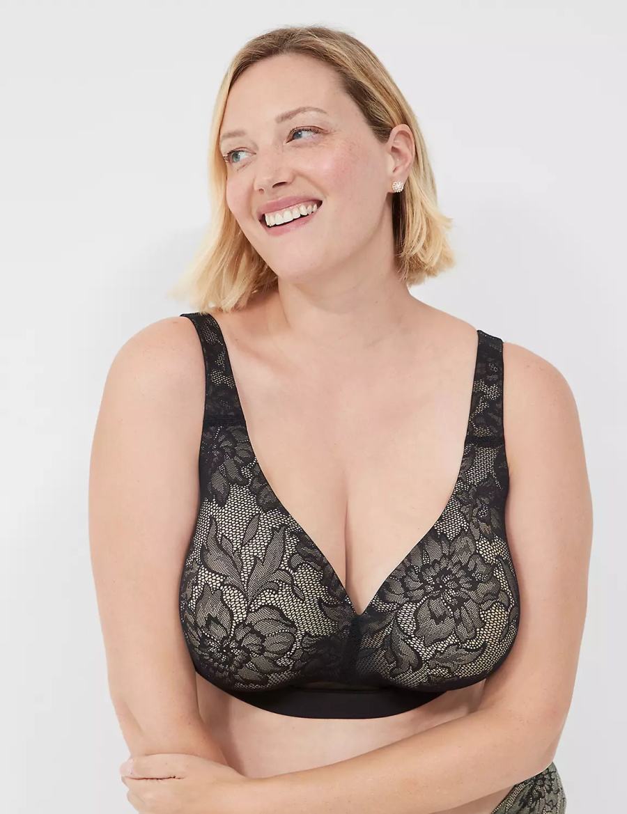 Lane Bryant Comfort Bliss Lightly Lined No-Wire With Lace Women Bralettes Black | QNB807KX