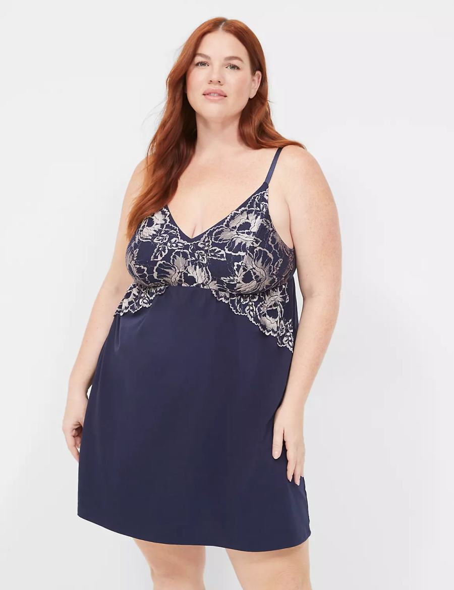 Lane Bryant Comfy Cotton Lace-Trim Chemise Women Dress Blue | GCR946KX