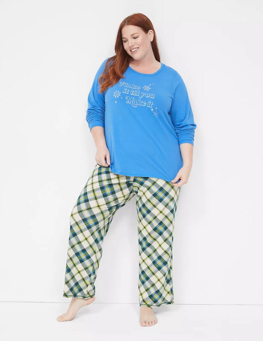 Lane Bryant Comfy Cotton Shirt & Pant PJ Set Women Pajamas Blue Multicolor | VAS6184DV