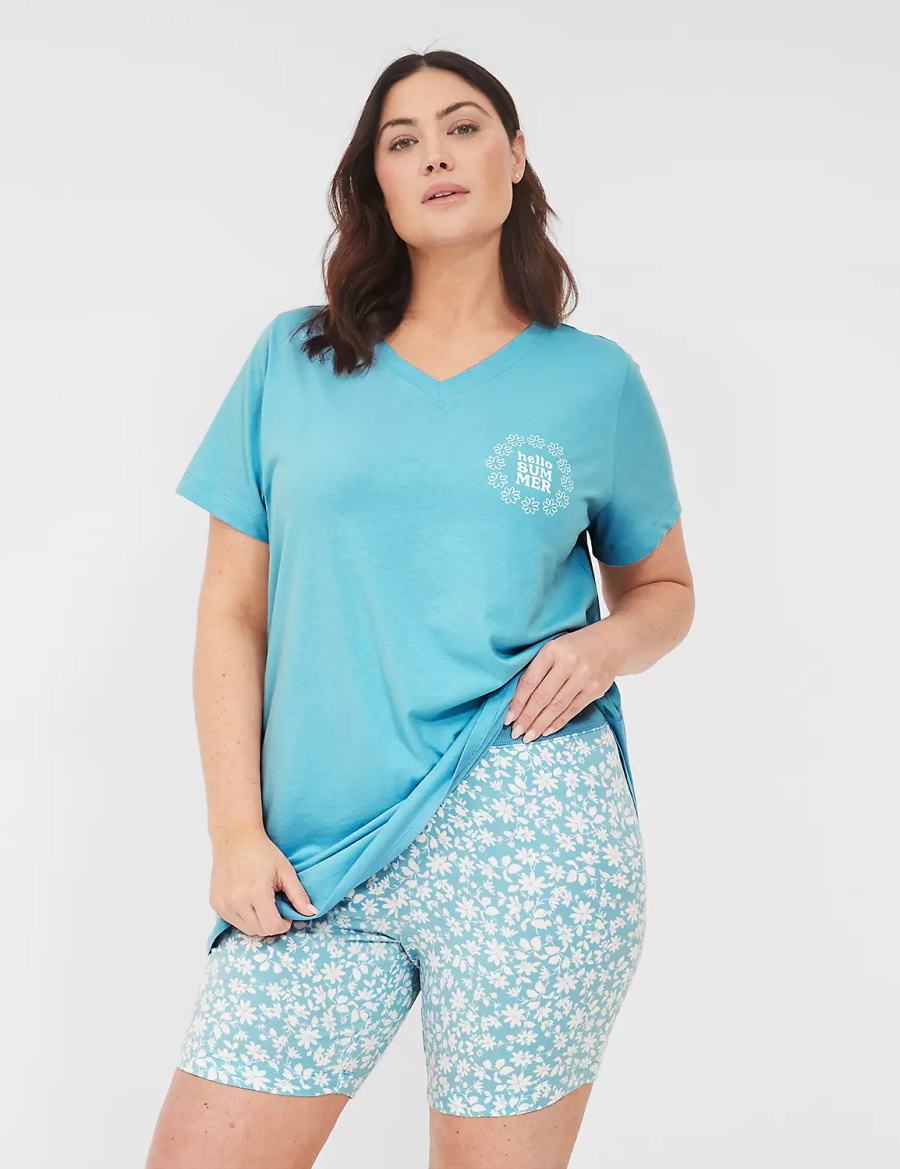 Lane Bryant Comfy Cotton Tee & Bike Short PJ Set Women Pajamas Blue Multicolor | VFN287LE