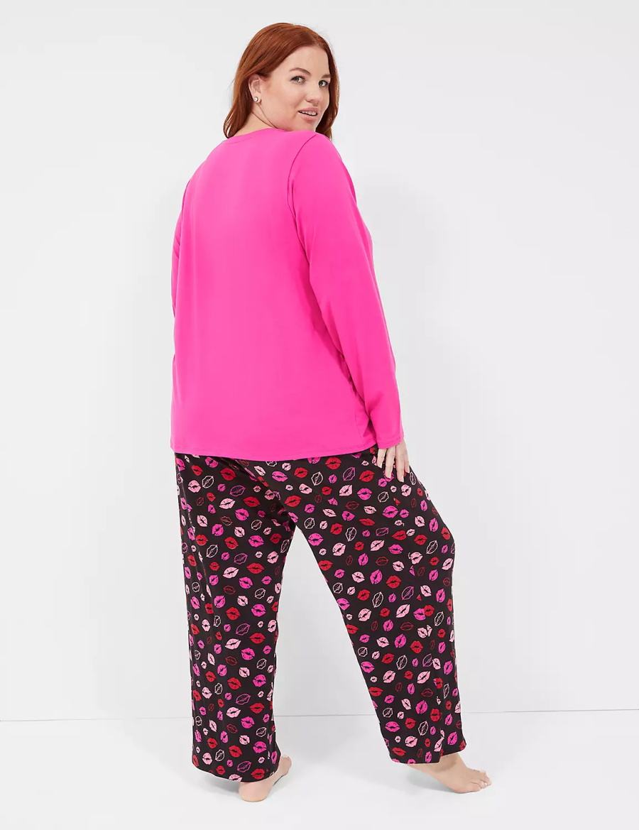 Lane Bryant Comfy Cotton V-Neck Tee & Block Pant PJ Set Women Pajamas Purple Multicolor | FQM110CV