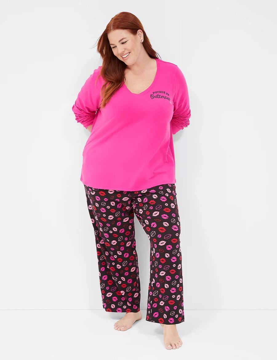 Lane Bryant Comfy Cotton V-Neck Tee & Block Pant PJ Set Women Pajamas Purple Multicolor | FQM110CV