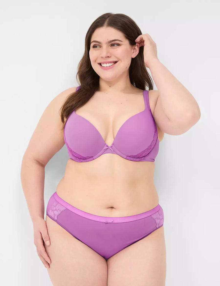 Lane Bryant Cotton Boost Plunge With Lace Women Bralettes Purple | CAO1358CH