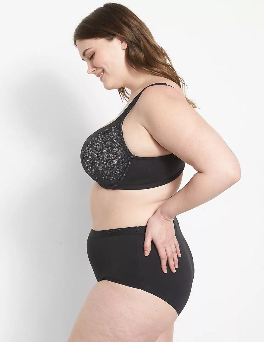 Lane Bryant Cotton Boost Plunge With Lace Women Bralettes Black | PQV2061UG