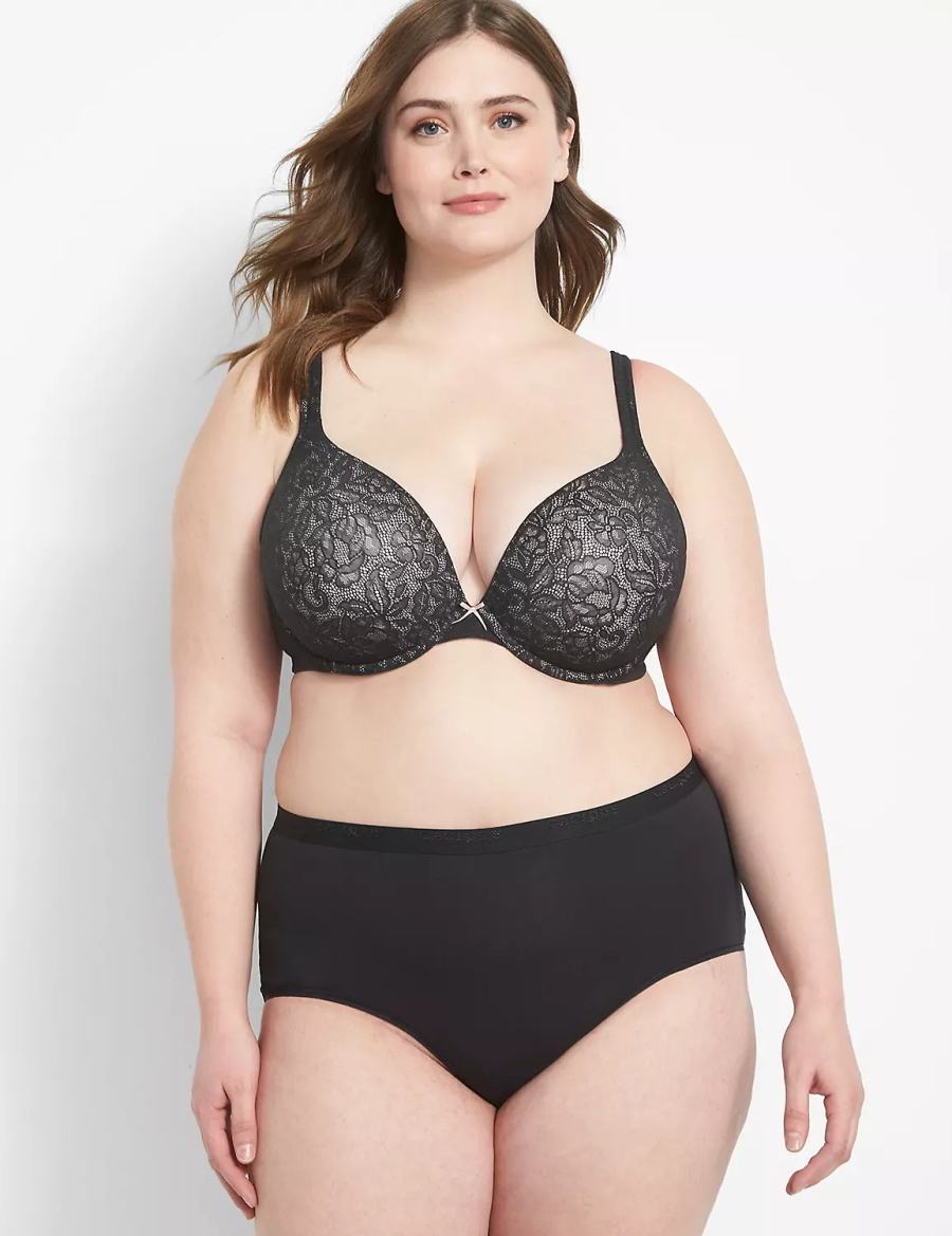 Lane Bryant Cotton Boost Plunge With Lace Women Bralettes Black | PQV2061UG