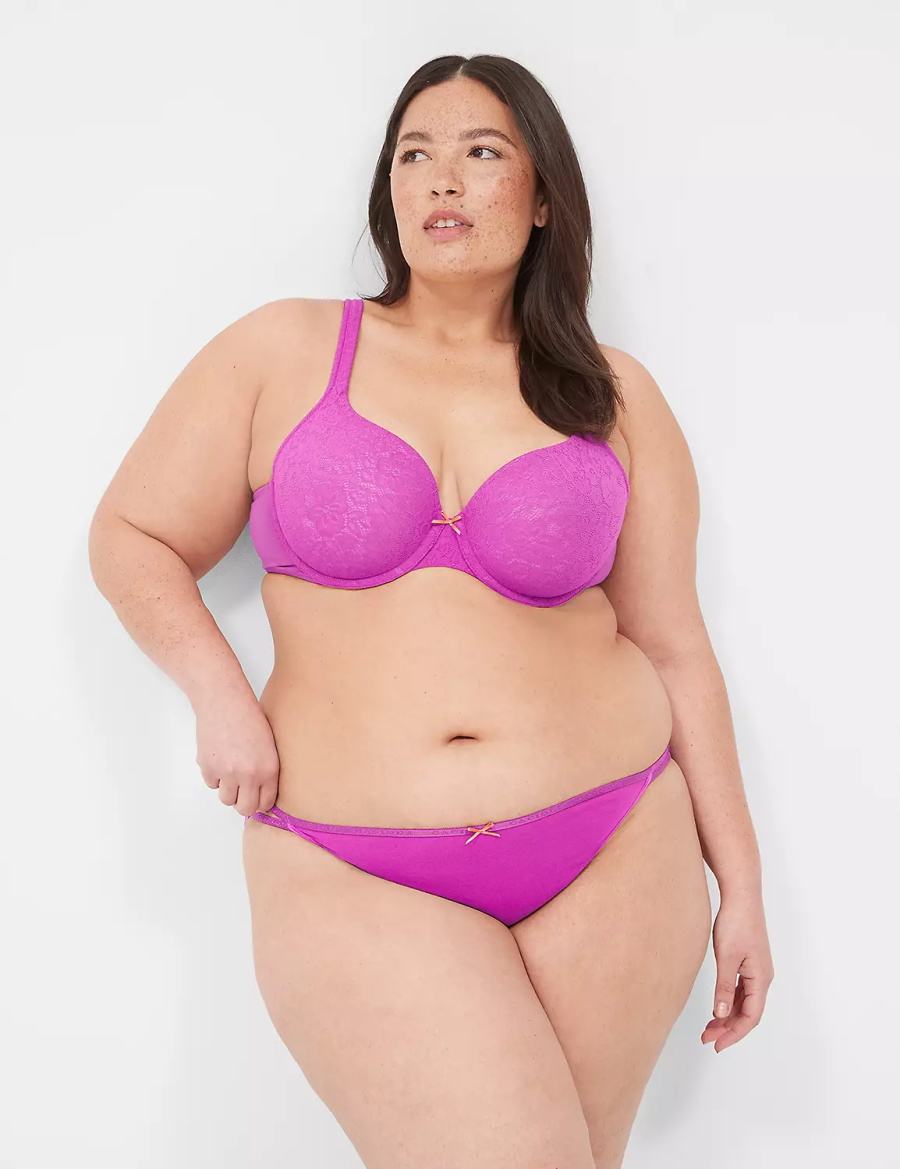 Lane Bryant Cotton String with Stretch Lace Back Women Bikini Panty Purple Burgundy | UEF6844CS