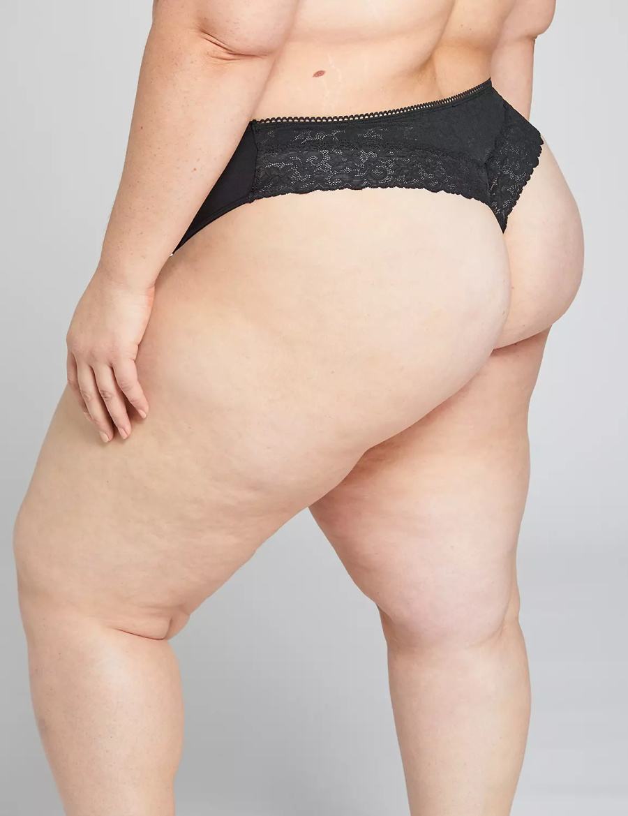 Lane Bryant Cotton With Lace Back Women Thong Panty Black | BML3648WY