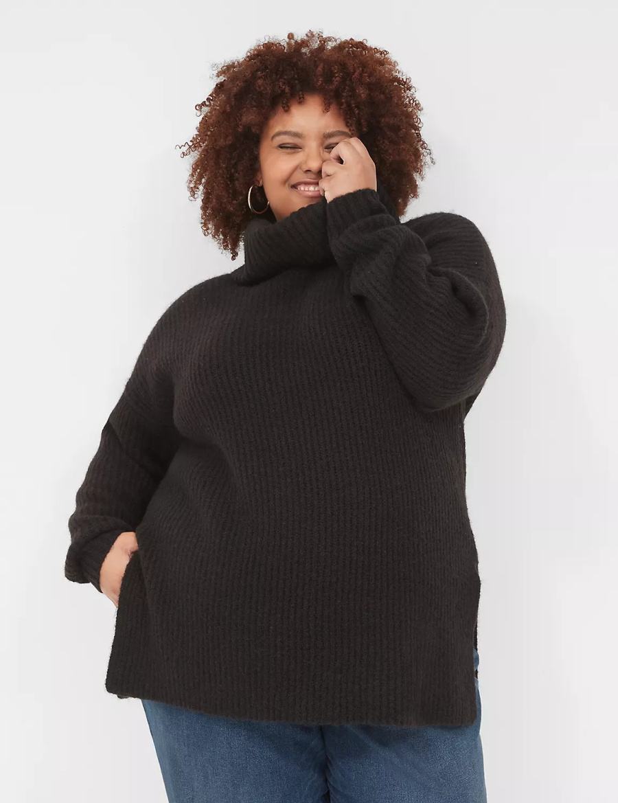 Lane Bryant Cowlneck Ribbed Long Women Sweaters Black | PHS4571IN